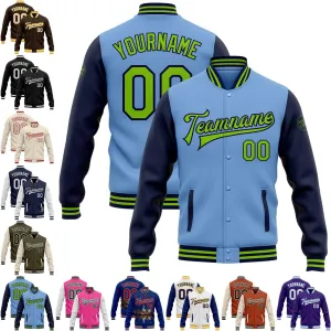 Custom Letterman Motorcycle Starter Leather Purple White-Light Blue Bomber Full-Snap Jacket Personalized Name Number