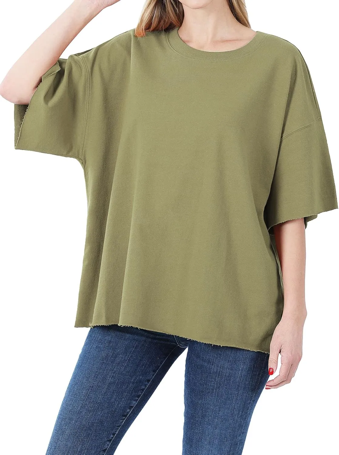 DAY VILLAGE Women's French Terry Drop Shoulder Raw Edge Oversized Short Sleeve T-shirt Top