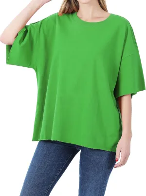 DAY VILLAGE Women's French Terry Drop Shoulder Raw Edge Oversized Short Sleeve T-shirt Top