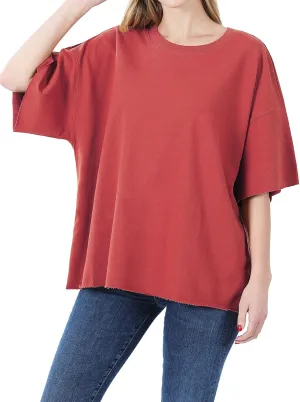 DAY VILLAGE Women's French Terry Drop Shoulder Raw Edge Oversized Short Sleeve T-shirt Top