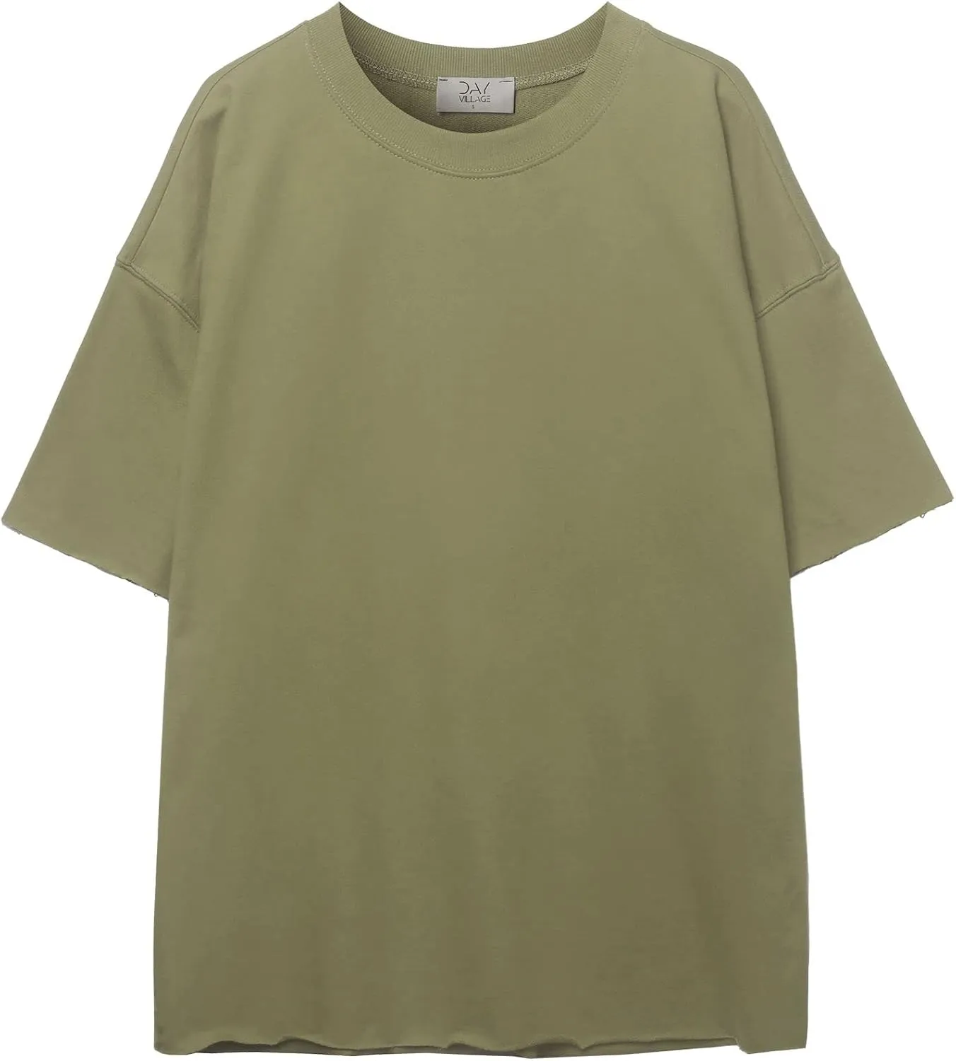 DAY VILLAGE Women's French Terry Drop Shoulder Raw Edge Oversized Short Sleeve T-shirt Top