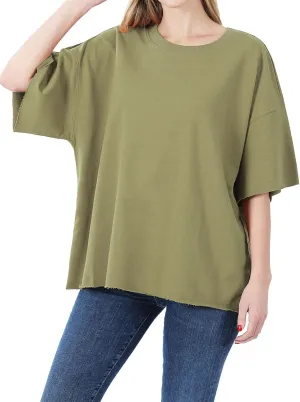 DAY VILLAGE Women's French Terry Drop Shoulder Raw Edge Oversized Short Sleeve T-shirt Top