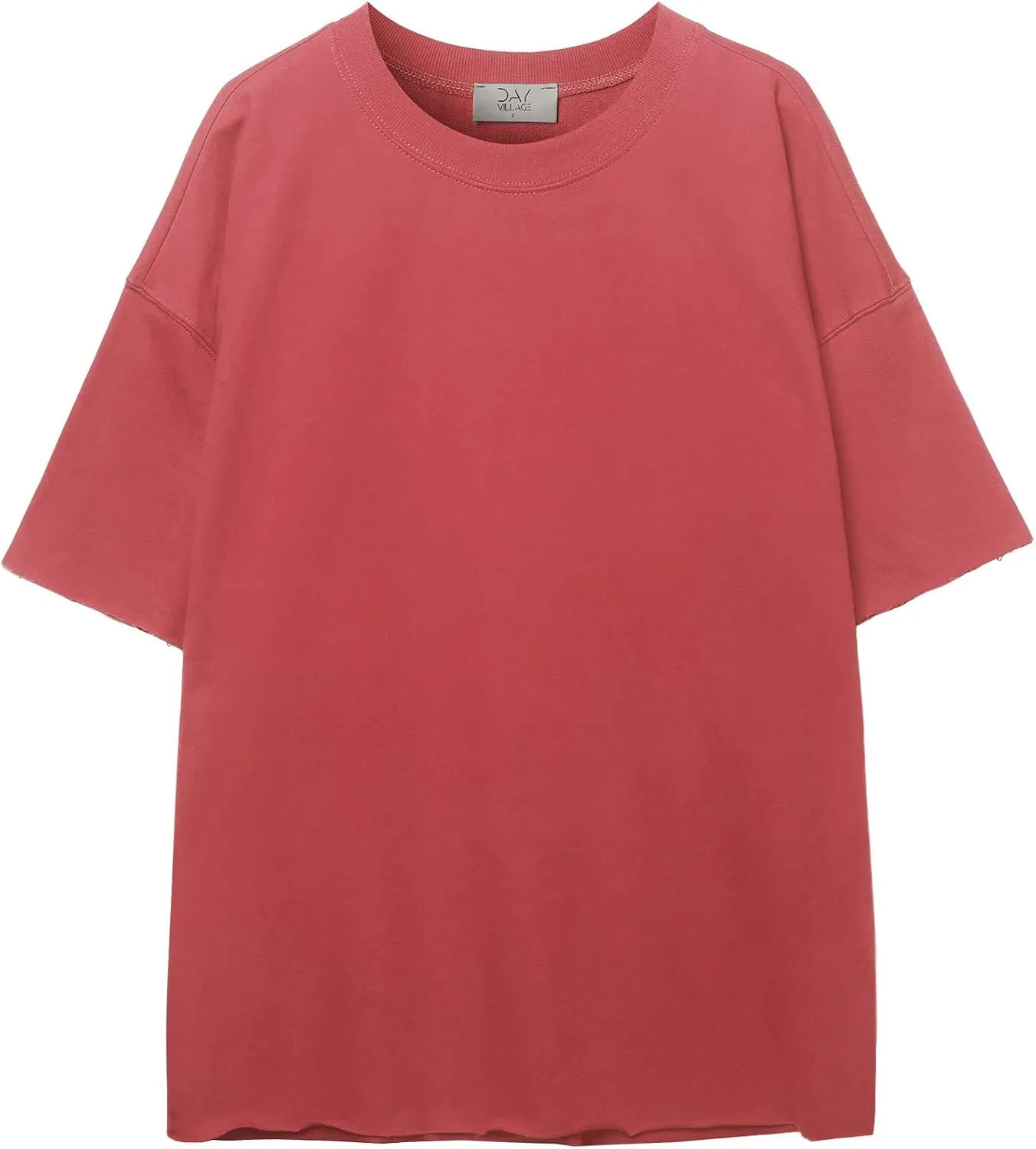 DAY VILLAGE Women's French Terry Drop Shoulder Raw Edge Oversized Short Sleeve T-shirt Top
