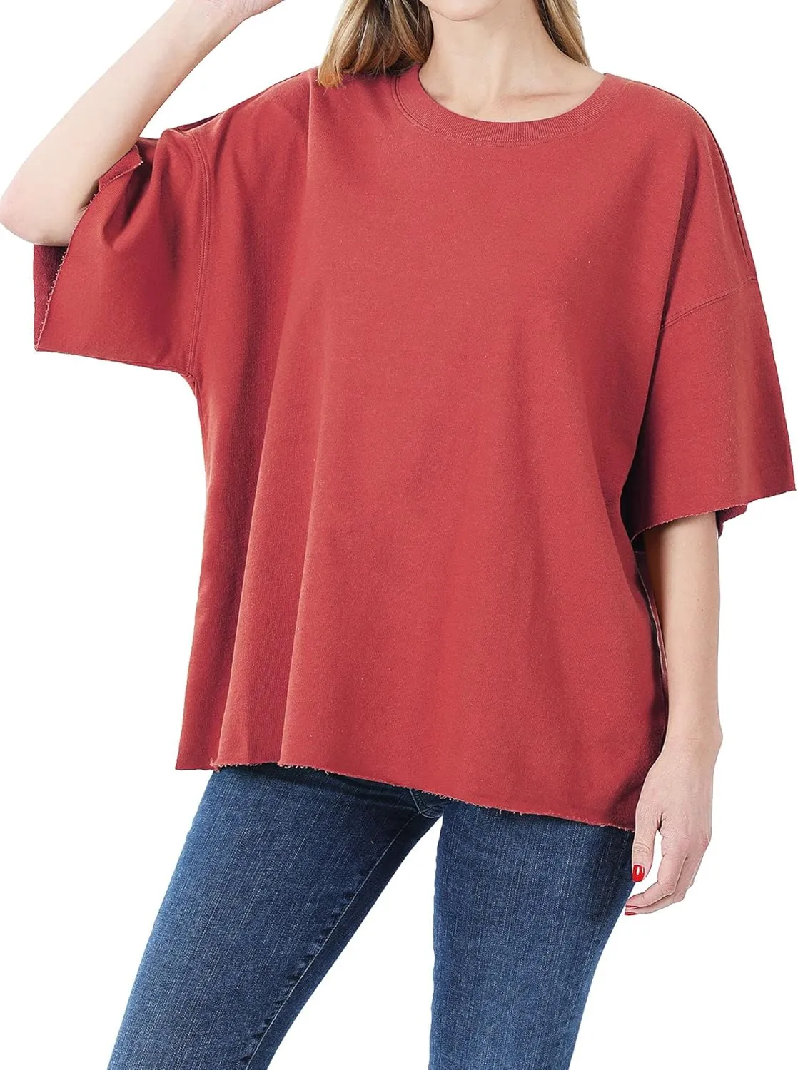 DAY VILLAGE Women's French Terry Drop Shoulder Raw Edge Oversized Short Sleeve T-shirt Top