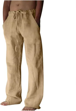 Dgoopd Men's Cotton Linen Pants Casual Elastic Waist Drawstring Pants Straight Leg Yoga Pants Lightweight Summer Beach Pants
