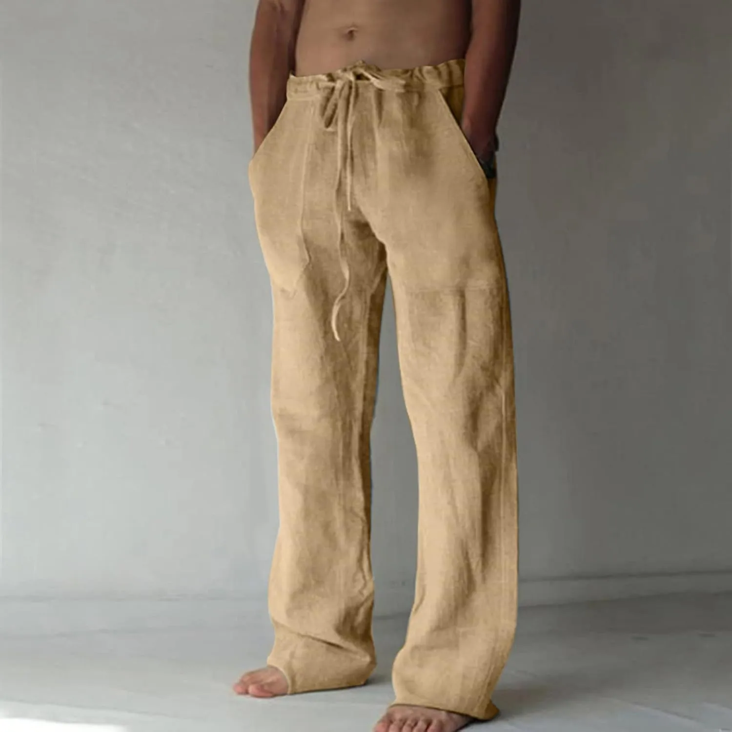 Dgoopd Men's Cotton Linen Pants Casual Elastic Waist Drawstring Pants Straight Leg Yoga Pants Lightweight Summer Beach Pants