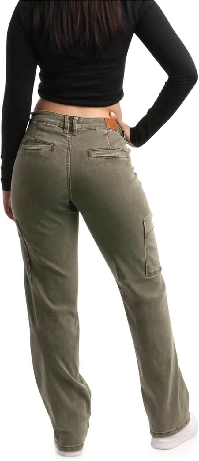 dollhouse Women's Jeans - Wide Leg Flare Cargo Jeans - Straight Leg Loose Cut Denim Pants with Cargo Pockets for Women (1-13)