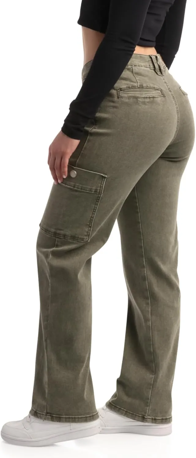 dollhouse Women's Jeans - Wide Leg Flare Cargo Jeans - Straight Leg Loose Cut Denim Pants with Cargo Pockets for Women (1-13)