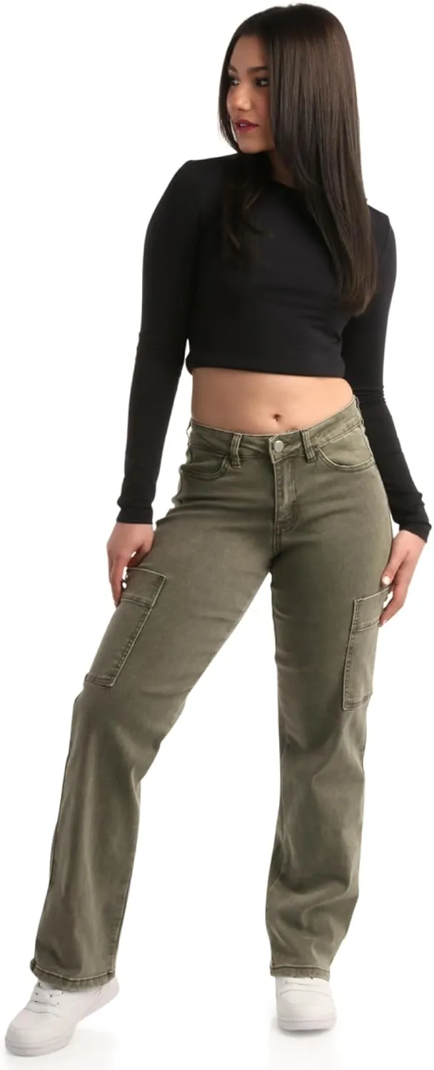 dollhouse Women's Jeans - Wide Leg Flare Cargo Jeans - Straight Leg Loose Cut Denim Pants with Cargo Pockets for Women (1-13)