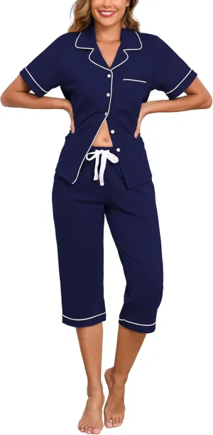 EA'S SECRET 100% Cotton Pajamas for Women Set Short Sleeve Button Down Sleepwear Capri Nightwear Pjs Loungewear