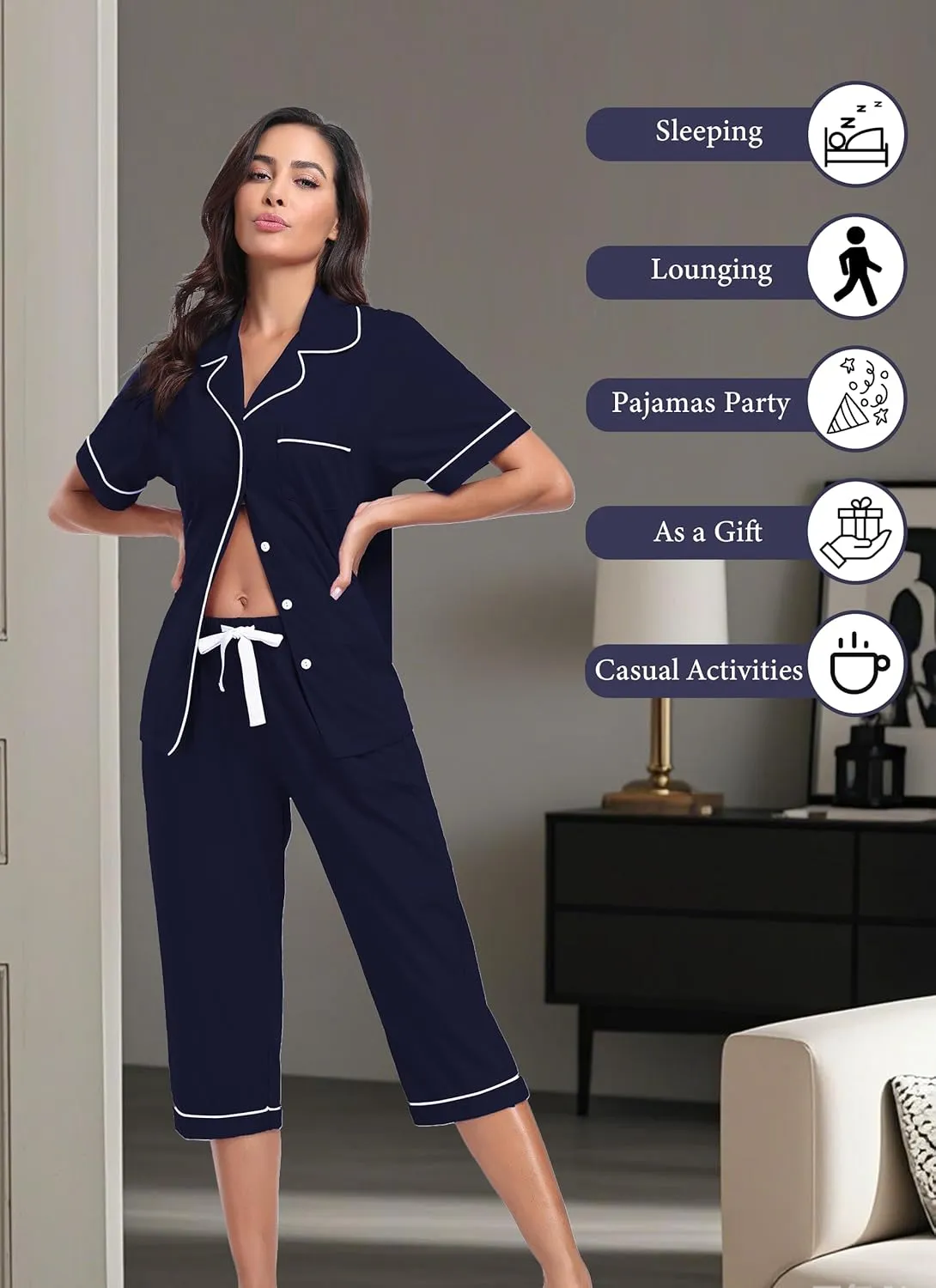 EA'S SECRET 100% Cotton Pajamas for Women Set Short Sleeve Button Down Sleepwear Capri Nightwear Pjs Loungewear
