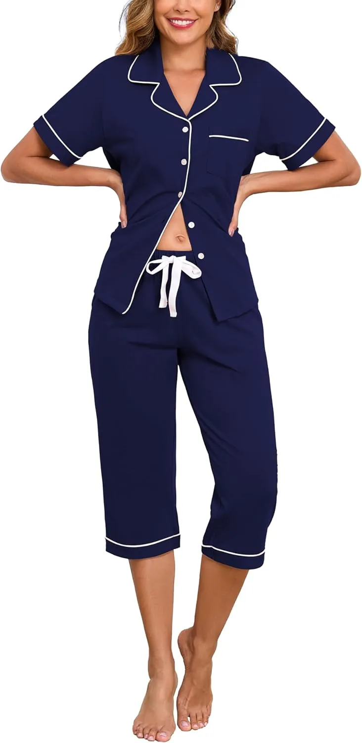 EA'S SECRET 100% Cotton Pajamas for Women Set Short Sleeve Button Down Sleepwear Capri Nightwear Pjs Loungewear