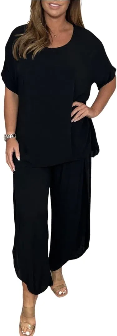 ECHOINE Womens Summer Outfits Cotton Linen 2 Piece Sets Short Sleeve Loose High Low T Shirt Ruffled Wide Leg Capri Pants Suit