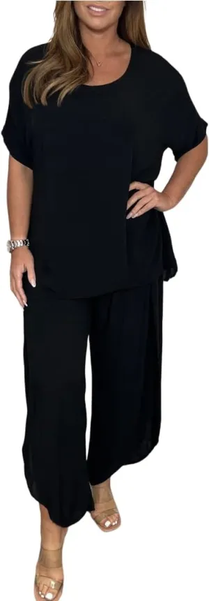 ECHOINE Womens Summer Outfits Cotton Linen 2 Piece Sets Short Sleeve Loose High Low T Shirt Ruffled Wide Leg Capri Pants Suit