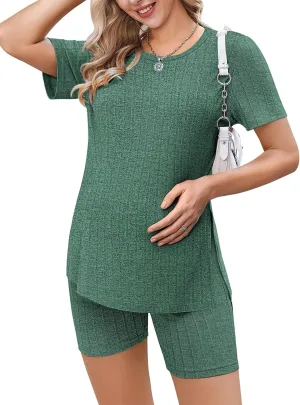 Ekouaer Maternity Sets 2 Piece Outfits Ribbed Knit Short Sleeve Shirts and Biker Shorts Pregnancy Loungewear Mama Clothes
