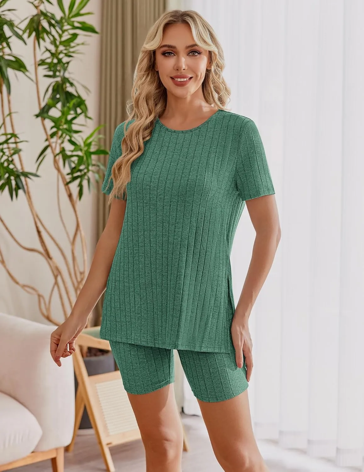 Ekouaer Maternity Sets 2 Piece Outfits Ribbed Knit Short Sleeve Shirts and Biker Shorts Pregnancy Loungewear Mama Clothes