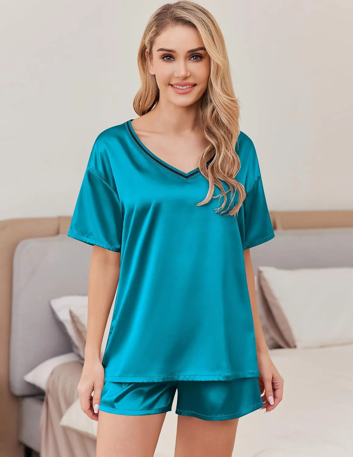 Ekouaer Satin Pajama Set for Women 2 piece Silky Pj Set Soft Short Sleeve Sleepwear Summer Loungewear, S-XXL