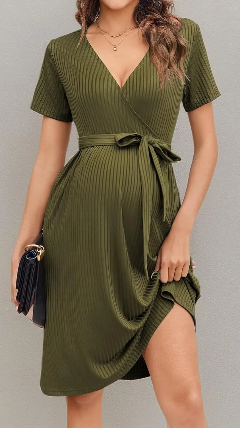 Ekouaer Women Short Sleeve Maternity Nursing Dress Casual V Neck Breastfeeding Loungewear Ribbed Knit Pregnancy Dresses S-XXL