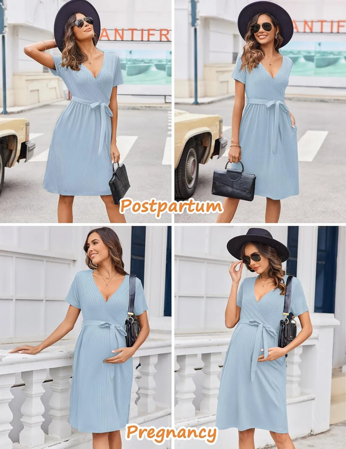 Ekouaer Women Short Sleeve Maternity Nursing Dress Casual V Neck Breastfeeding Loungewear Ribbed Knit Pregnancy Dresses S-XXL