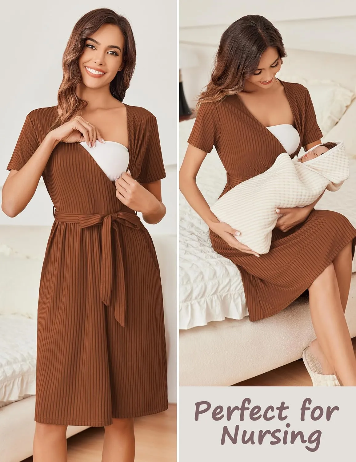 Ekouaer Women Short Sleeve Maternity Nursing Dress Casual V Neck Breastfeeding Loungewear Ribbed Knit Pregnancy Dresses S-XXL