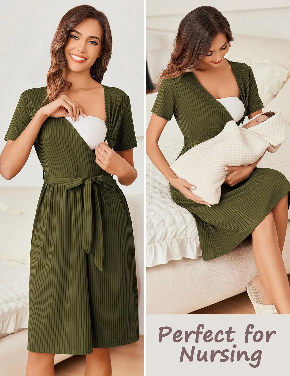 Ekouaer Women Short Sleeve Maternity Nursing Dress Casual V Neck Breastfeeding Loungewear Ribbed Knit Pregnancy Dresses S-XXL