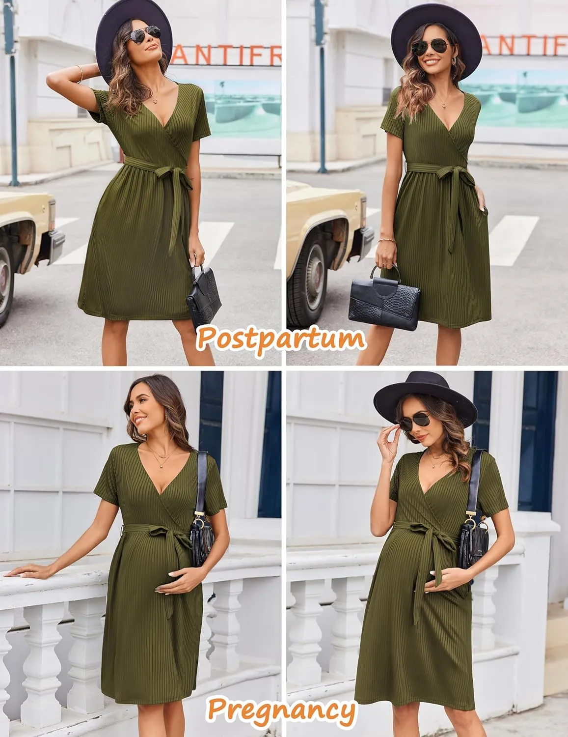 Ekouaer Women Short Sleeve Maternity Nursing Dress Casual V Neck Breastfeeding Loungewear Ribbed Knit Pregnancy Dresses S-XXL