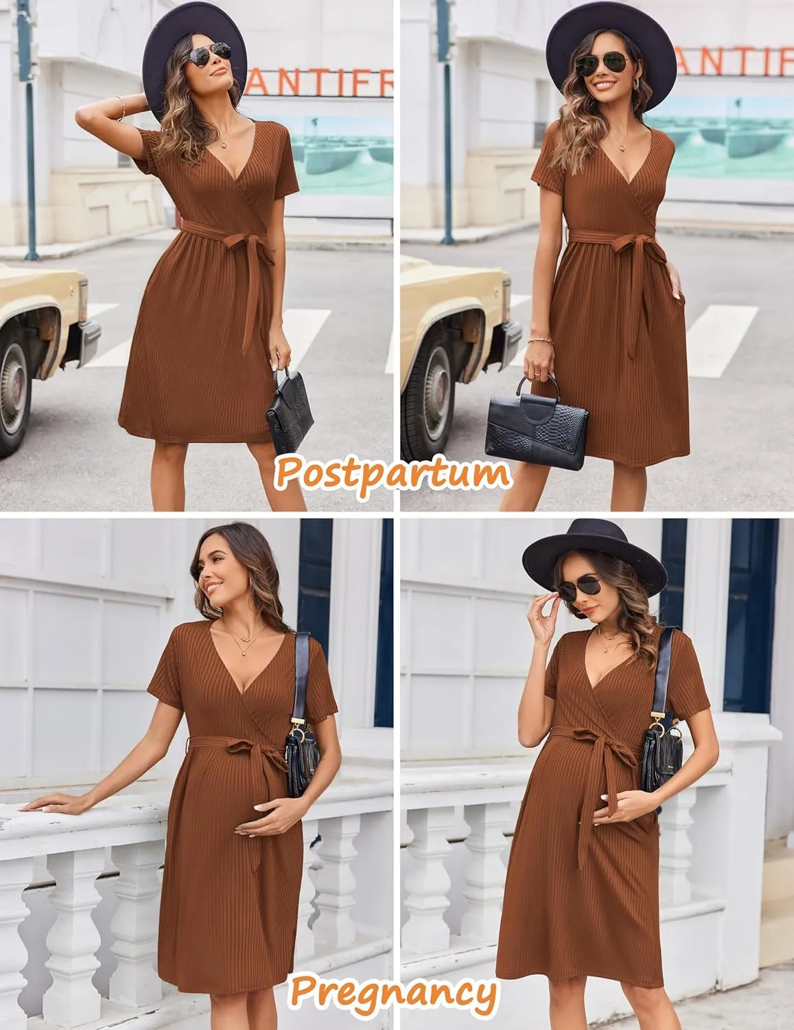 Ekouaer Women Short Sleeve Maternity Nursing Dress Casual V Neck Breastfeeding Loungewear Ribbed Knit Pregnancy Dresses S-XXL