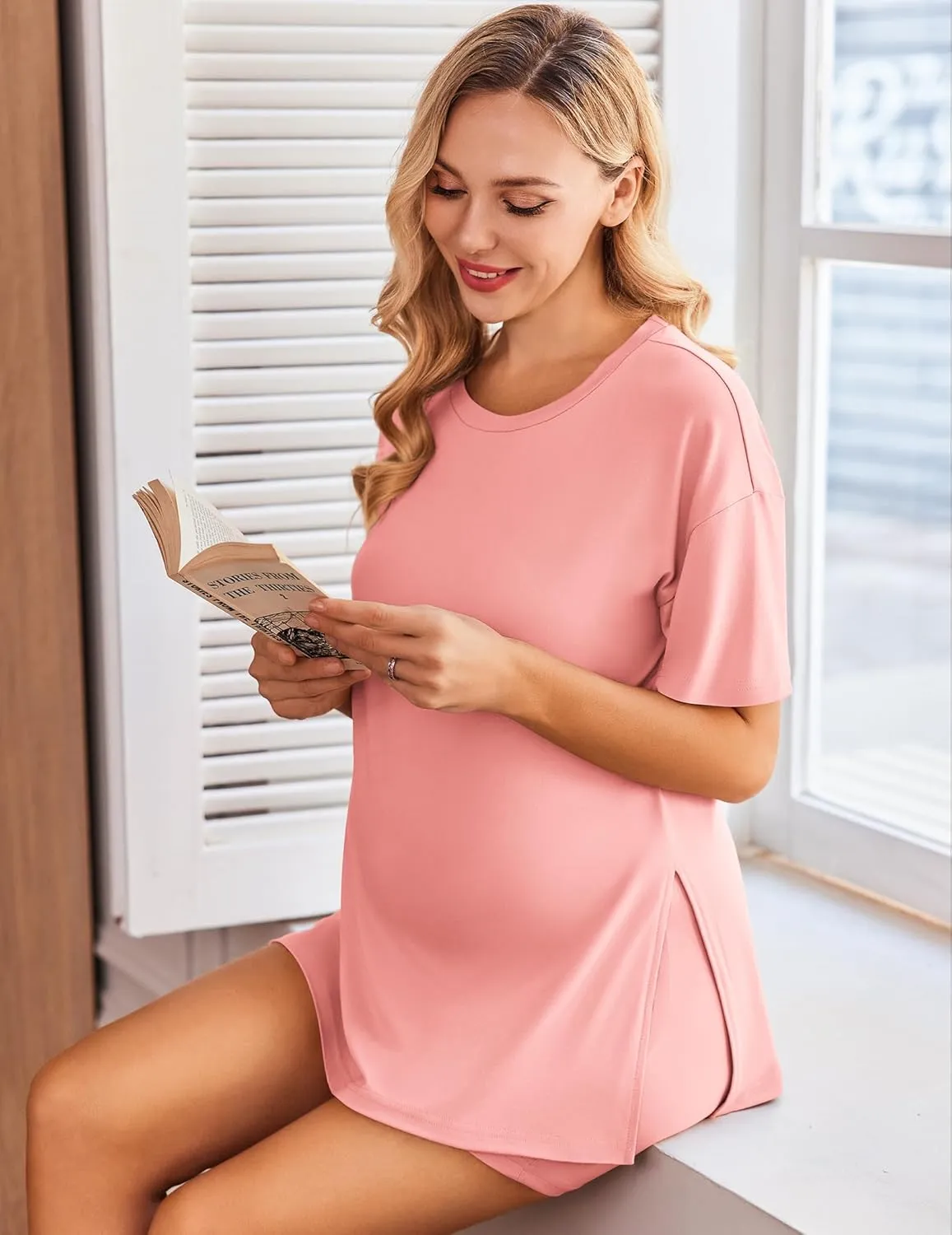 Ekouaer Women's Maternity Pajamas Sets 2 Piece Outfits Short Sleeve Shirts and Biker Shorts Pregnancy Loungewear Mama Clothes