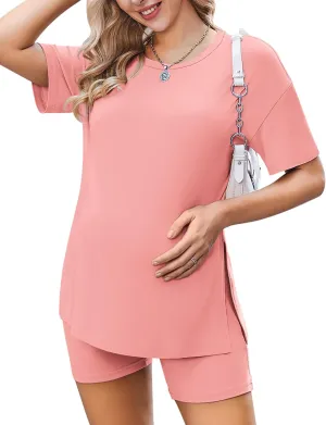 Ekouaer Women's Maternity Pajamas Sets 2 Piece Outfits Short Sleeve Shirts and Biker Shorts Pregnancy Loungewear Mama Clothes