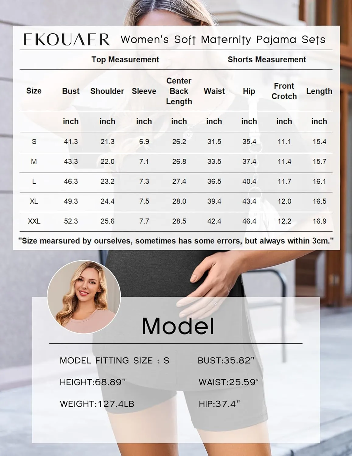 Ekouaer Women's Maternity Pajamas Sets 2 Piece Outfits Short Sleeve Shirts and Biker Shorts Pregnancy Loungewear Mama Clothes