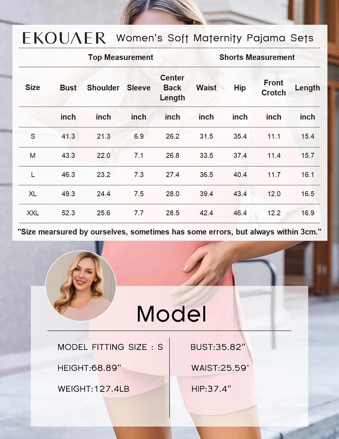 Ekouaer Women's Maternity Pajamas Sets 2 Piece Outfits Short Sleeve Shirts and Biker Shorts Pregnancy Loungewear Mama Clothes
