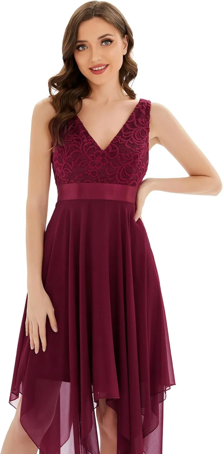 Ever-Pretty Women's Vintage V Neck Irregular Hem Lace A Line Chiffon Cocktail Dresses 00207