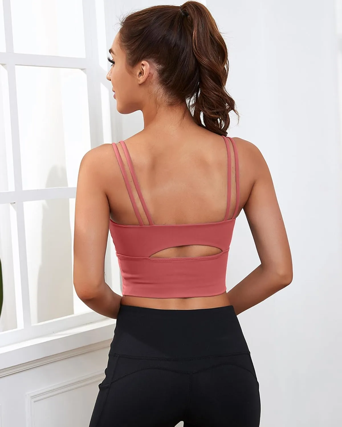 Everrysea Sports Bras for Women High Support Longline Workout Tank Tops Built in Bra Strappy Yoga Padded Crop Top