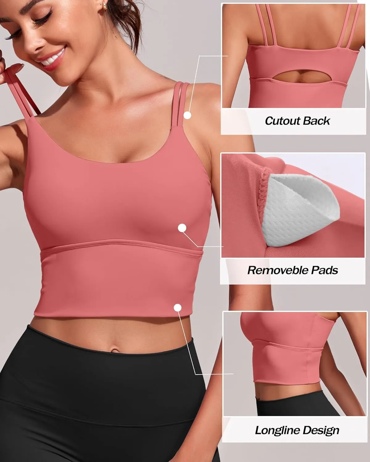 Everrysea Sports Bras for Women High Support Longline Workout Tank Tops Built in Bra Strappy Yoga Padded Crop Top
