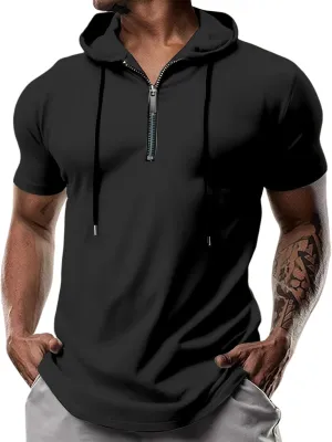 evzosrz Hoodies Mens Quarter Zipper Short Sleeve Hooded T-Shirts Drawstring Lightweight V Neck Pullover Summer Athletic Shirt