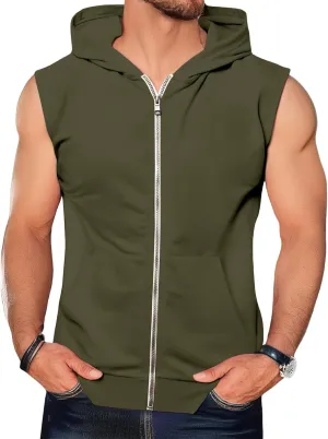 evzosrz Mens Workout Hoodies Full Zip Hooded Tank Tops Fashion Sleeveless Bodybuilding Fitness Muscle Tees Shirt with Pocket
