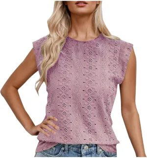 Eyelet Embroidery Shirts for Women Summer Crew Neck Cap Sleeve Tank Tops Casual Fashion Basic Beach Vacation Blouses