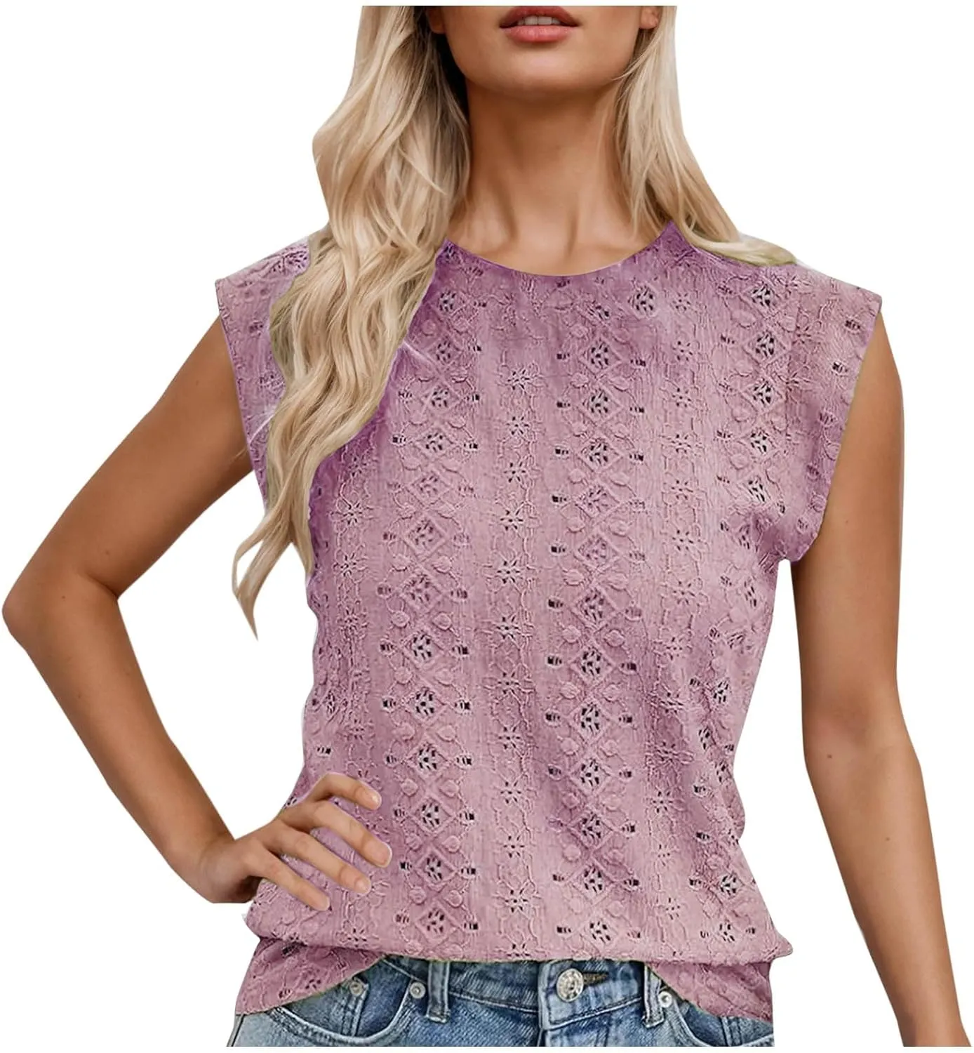Eyelet Embroidery Shirts for Women Summer Crew Neck Cap Sleeve Tank Tops Casual Fashion Basic Beach Vacation Blouses