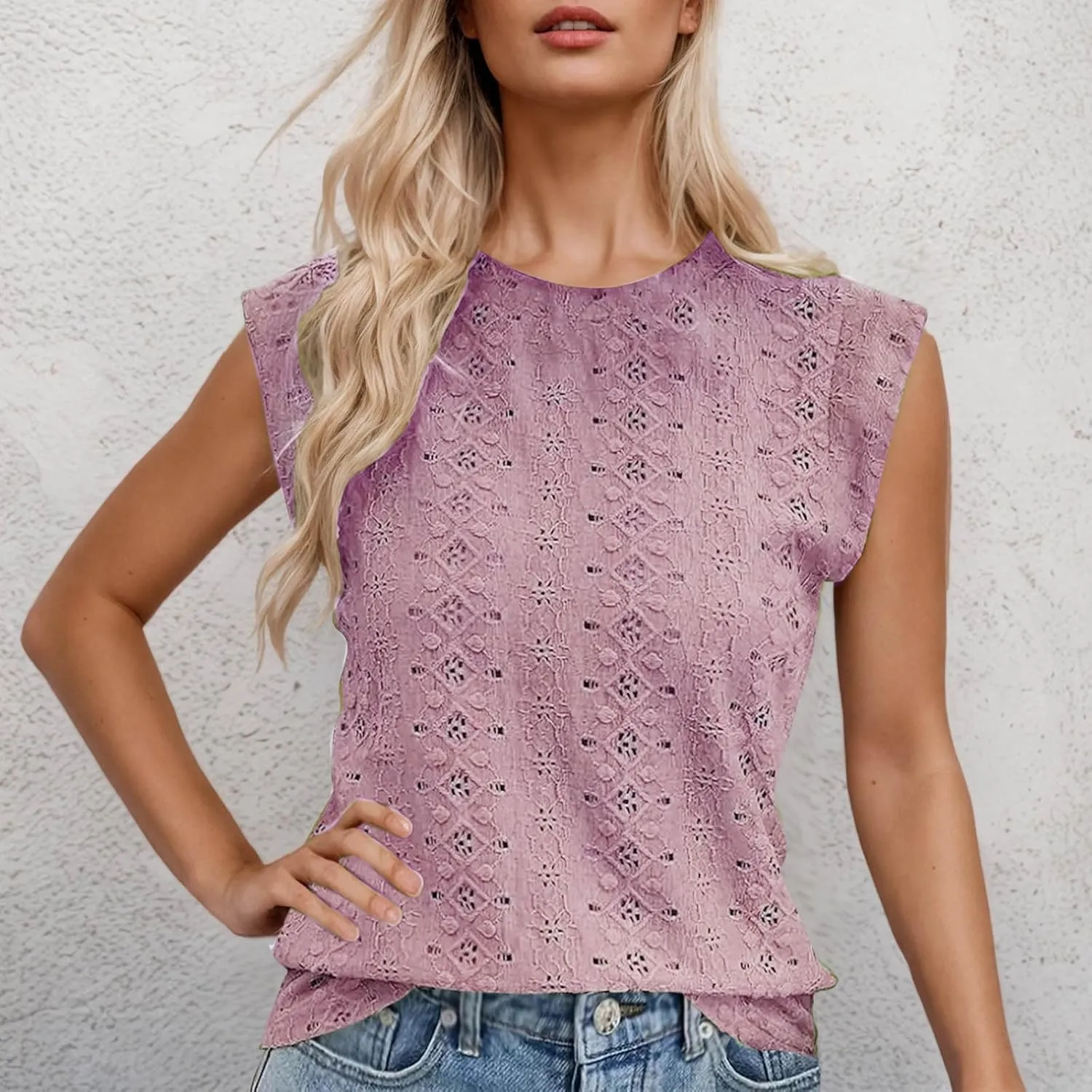 Eyelet Embroidery Shirts for Women Summer Crew Neck Cap Sleeve Tank Tops Casual Fashion Basic Beach Vacation Blouses