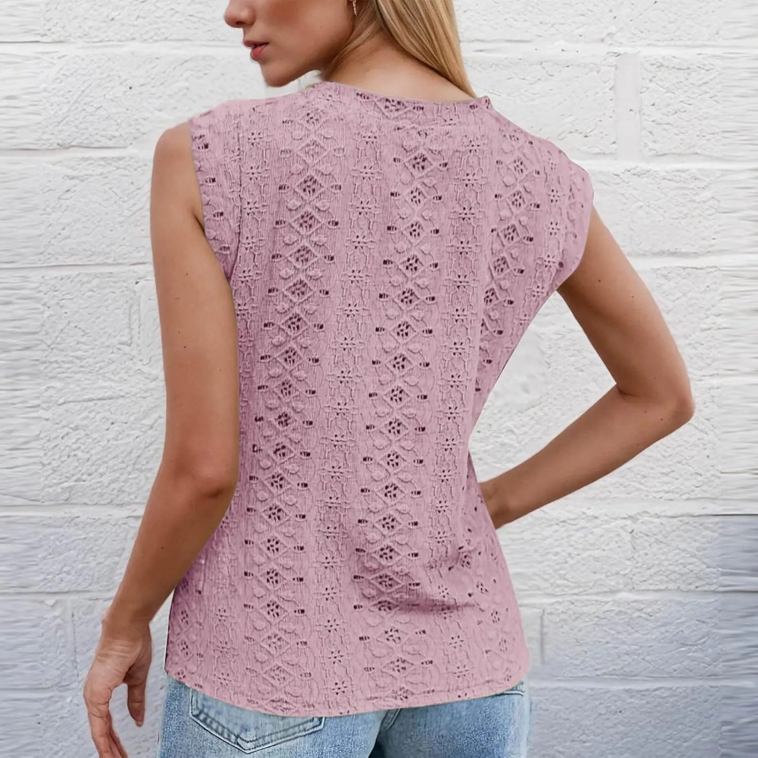 Eyelet Embroidery Shirts for Women Summer Crew Neck Cap Sleeve Tank Tops Casual Fashion Basic Beach Vacation Blouses