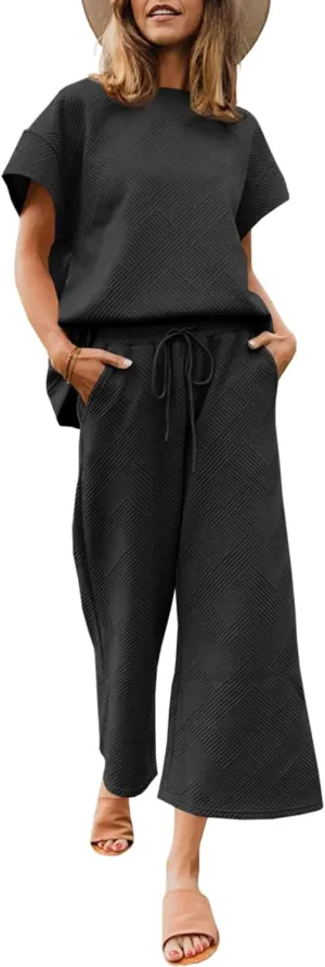 Fazortev Womens 2 Piece Outfits Sweatsuit Short Sleeve Tops and Drawstring Waist Cropped Wide Leg Pants Loungewear Sets