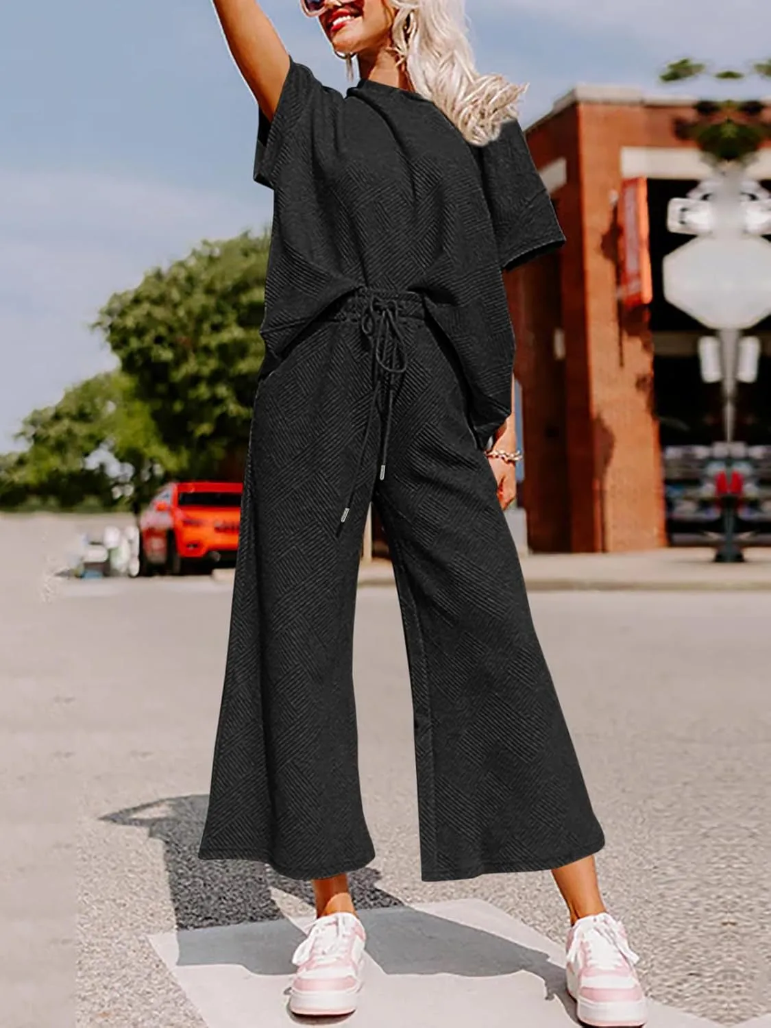 Fazortev Womens 2 Piece Outfits Sweatsuit Short Sleeve Tops and Drawstring Waist Cropped Wide Leg Pants Loungewear Sets