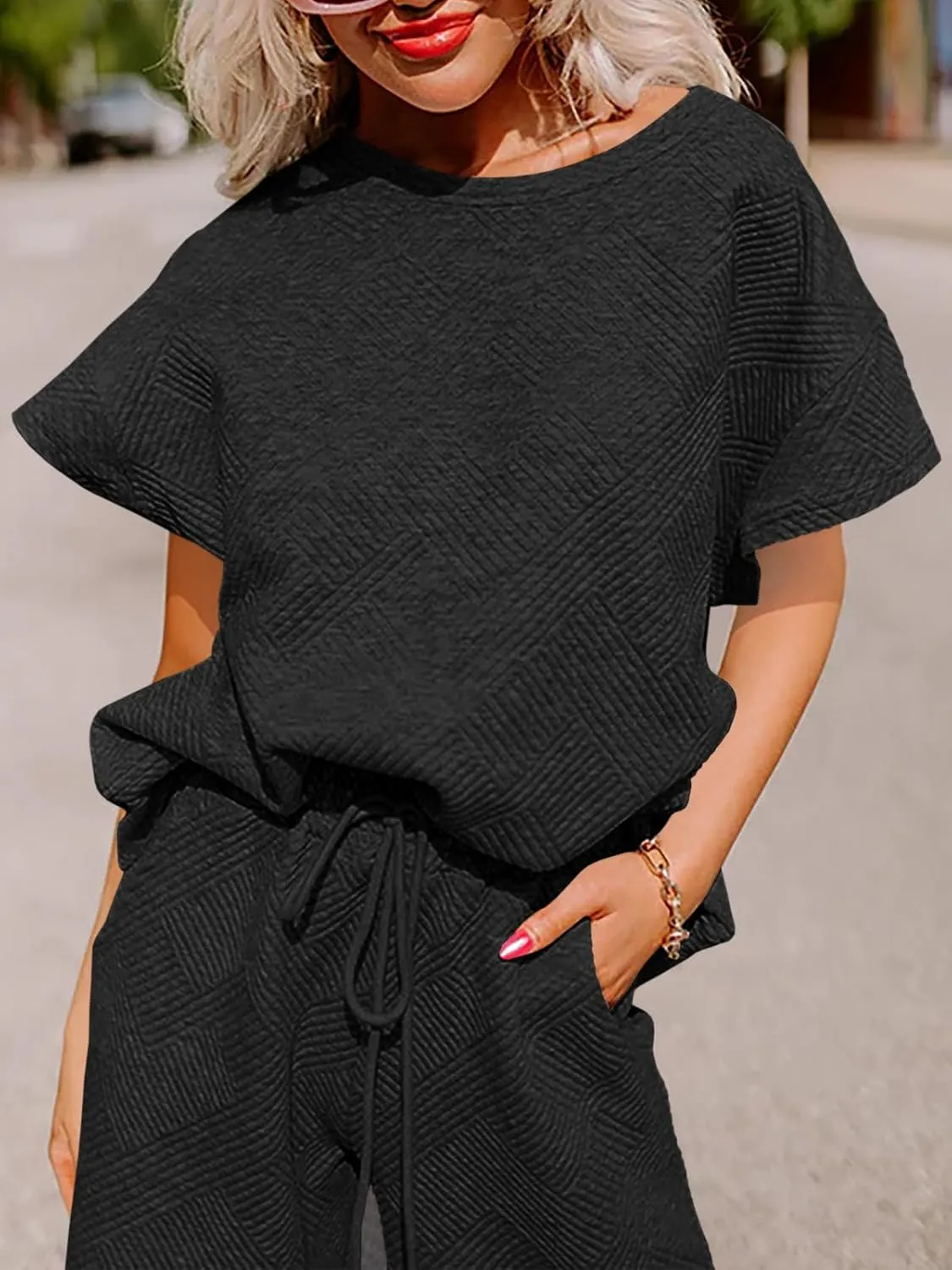 Fazortev Womens 2 Piece Outfits Sweatsuit Short Sleeve Tops and Drawstring Waist Cropped Wide Leg Pants Loungewear Sets