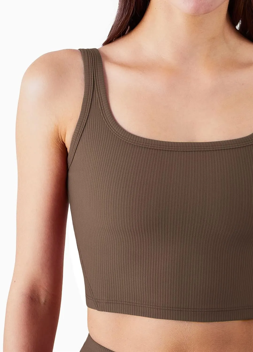 FelFory Longline Sports Bra Ribbed Tank Top for Women Medium Support Workout Tops Sport Bra Padded Crop Top Fitness Yoga