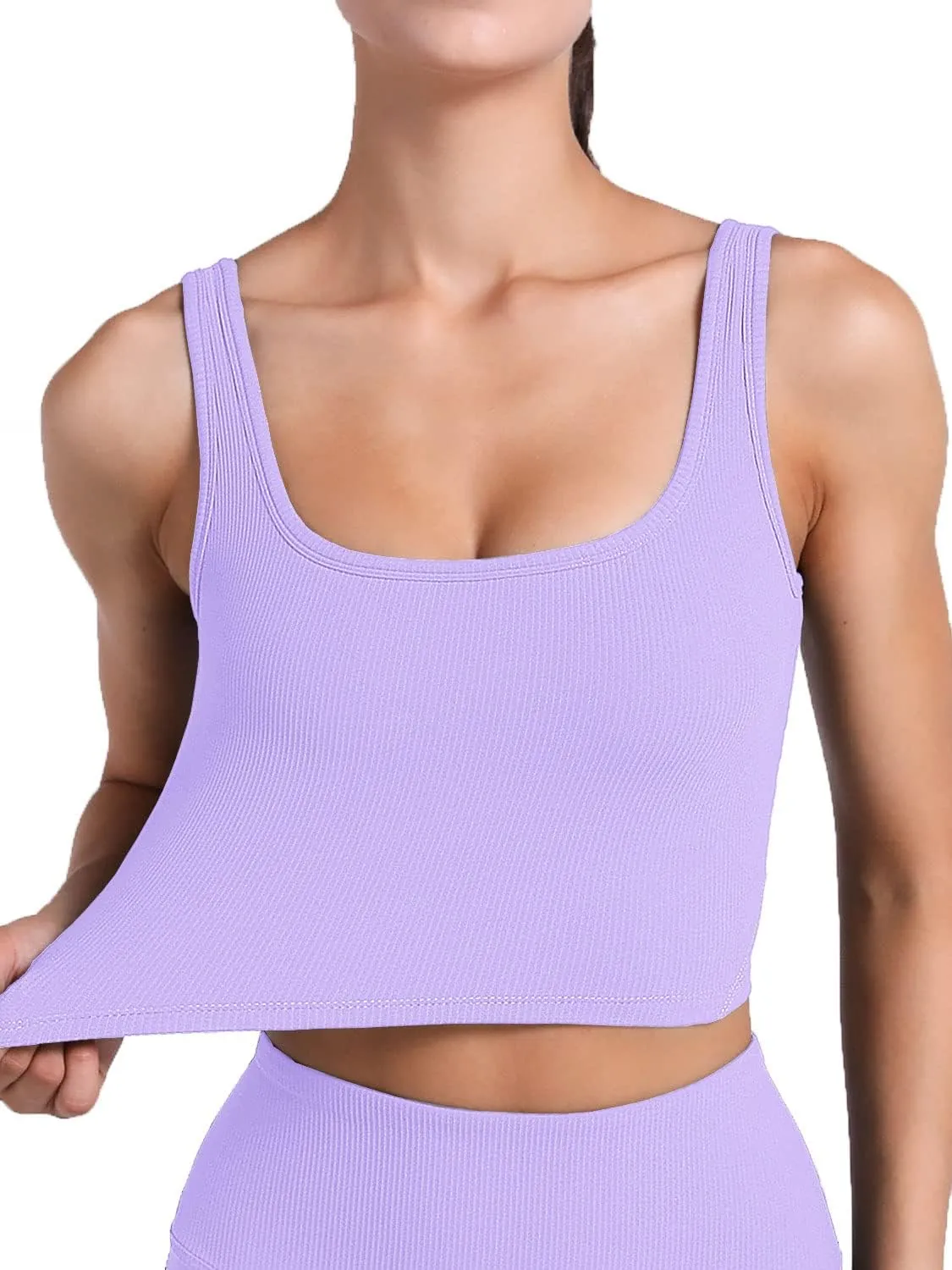 FelFory Longline Sports Bra Ribbed Tank Top for Women Medium Support Workout Tops Sport Bra Padded Crop Top Fitness Yoga
