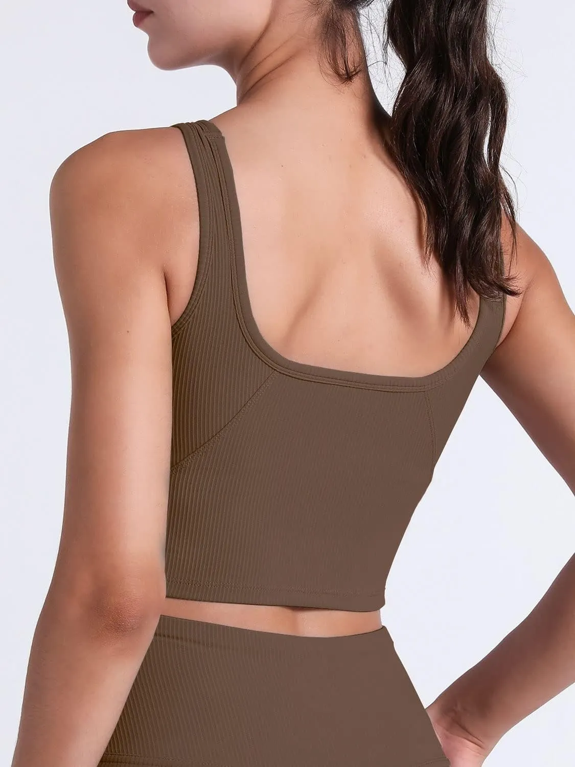 FelFory Longline Sports Bra Ribbed Tank Top for Women Medium Support Workout Tops Sport Bra Padded Crop Top Fitness Yoga