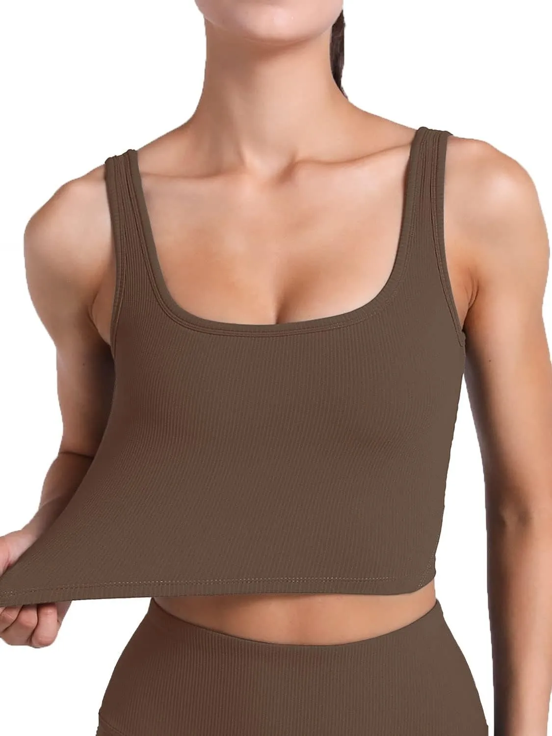 FelFory Longline Sports Bra Ribbed Tank Top for Women Medium Support Workout Tops Sport Bra Padded Crop Top Fitness Yoga