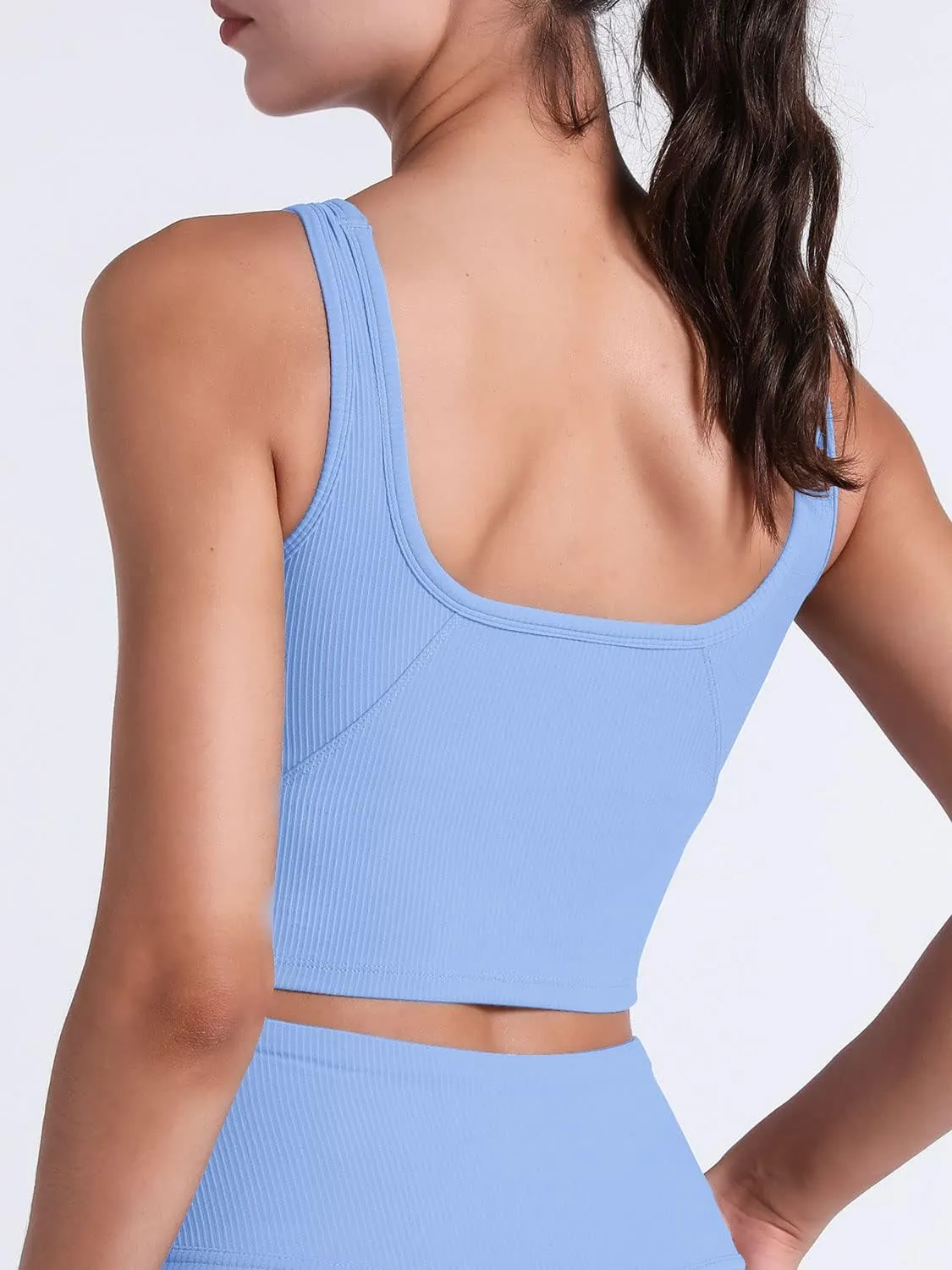 FelFory Longline Sports Bra Ribbed Tank Top for Women Medium Support Workout Tops Sport Bra Padded Crop Top Fitness Yoga