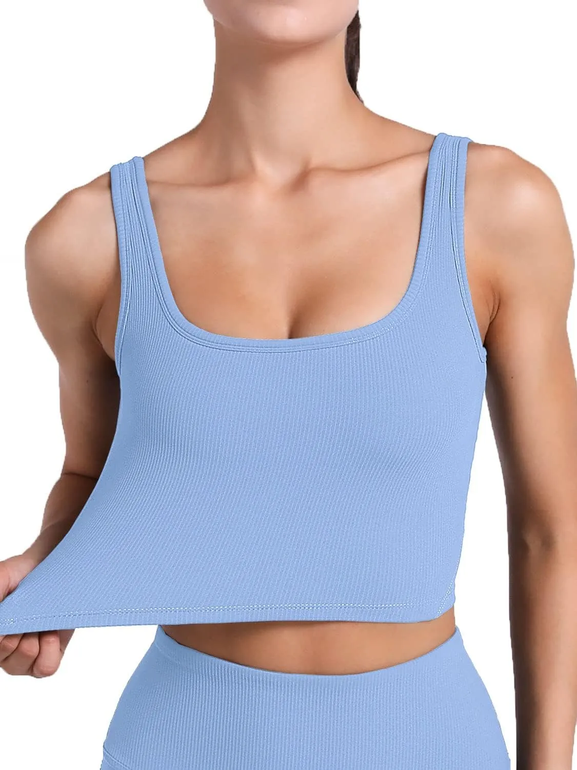 FelFory Longline Sports Bra Ribbed Tank Top for Women Medium Support Workout Tops Sport Bra Padded Crop Top Fitness Yoga