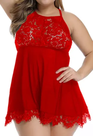FlatterMe Plus Size Lingerie Babydoll Lace Floral Halter Sleepwear Set High Neck Chemise